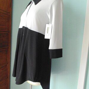New Sympli Womens 6 Black Collared Silver Top Henley Tunic Lagenlook Jersey
